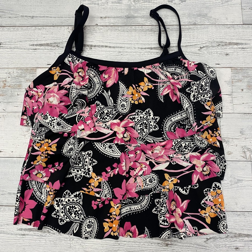 Maxine Of Hollywood Tankini Top Womens Plus 16W Black Floral Layered Ruffle
